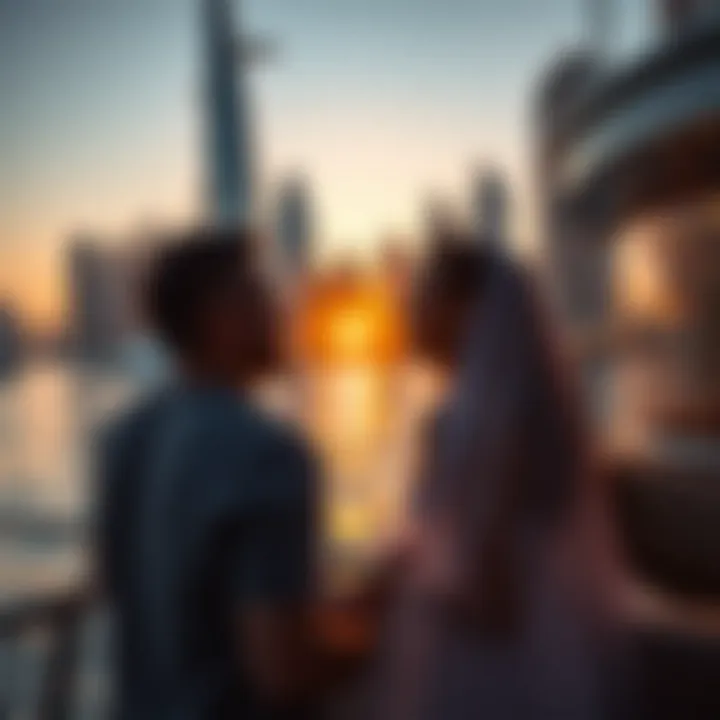 Couple enjoying a romantic sunset cruise on the Dubai Marina