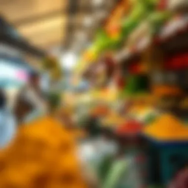Explore the Bounty of Dubai's Food Markets A colorful market stall filled with spices, fruits, and vegetables, symbolizing Dubai's diverse food markets.