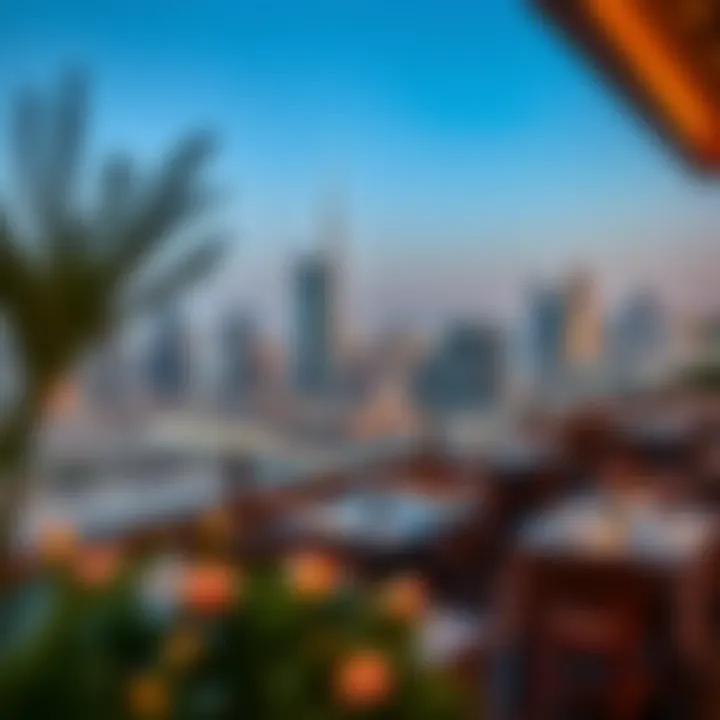 Dubai Skyline Panorama Panoramic view of Dubai skyline from a restaurant terrace
