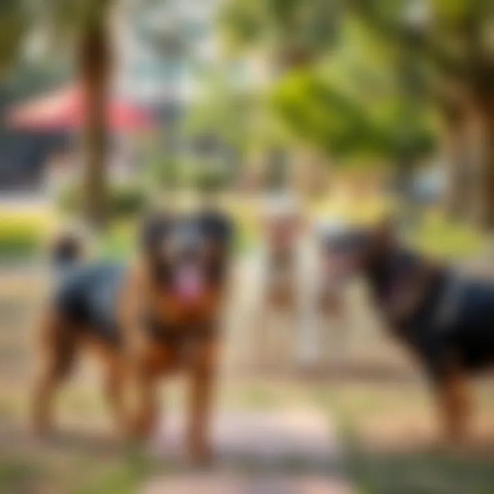 Dogs playing and socializing in a vibrant park setting
