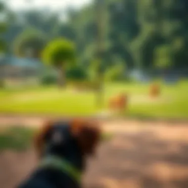 A scenic view of a spacious dog park with lush greenery