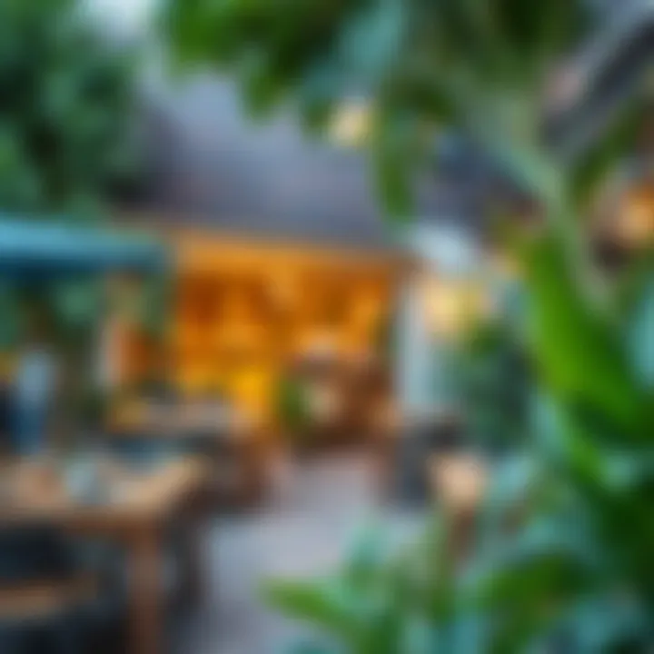 A vibrant outdoor dining area filled with greenery