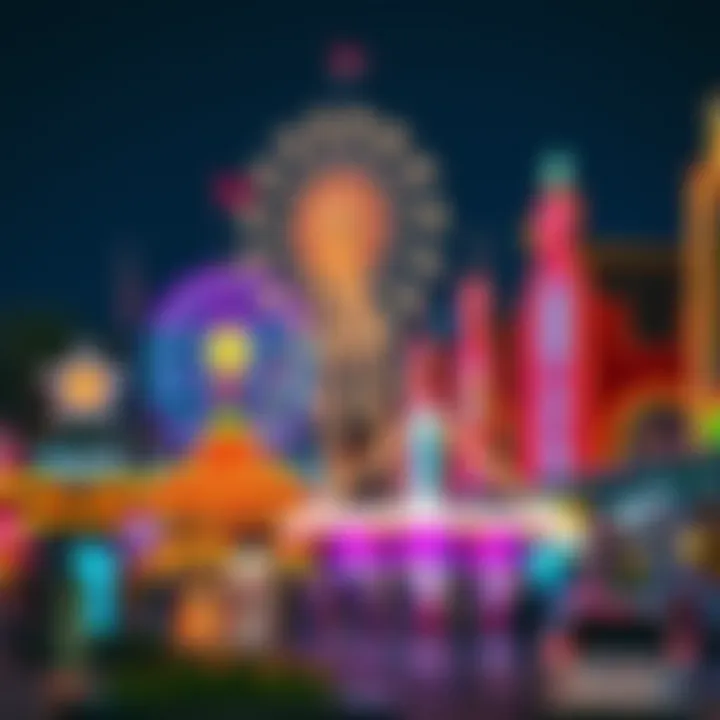 Vibrant night scene at Global Village with illuminated attractions