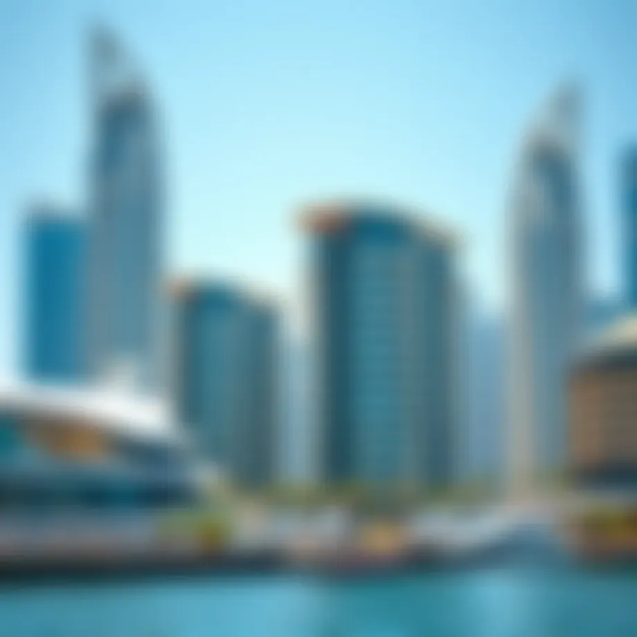 A stunning view of Marina Quay West showcasing its unique architectural design against the Dubai skyline.