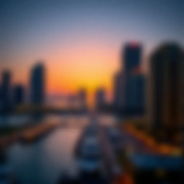 A picturesque sunset view from Marina Quay West revealing the serene waterfront and city lights.