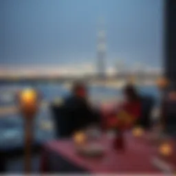 A romantic candlelit dinner setting overlooking the Dubai skyline