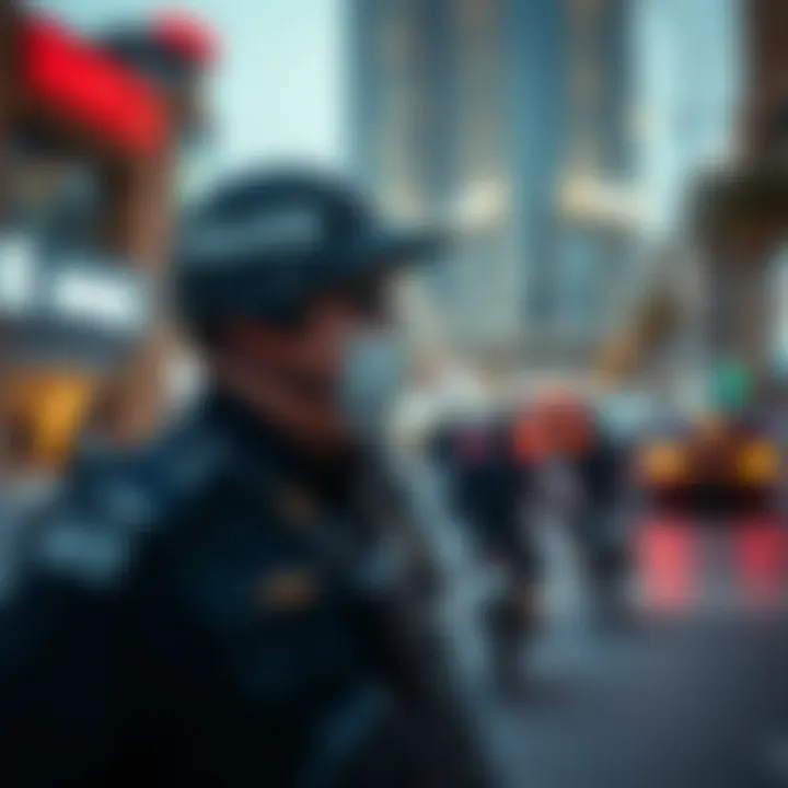 A police officer patrolling a busy area in Dubai