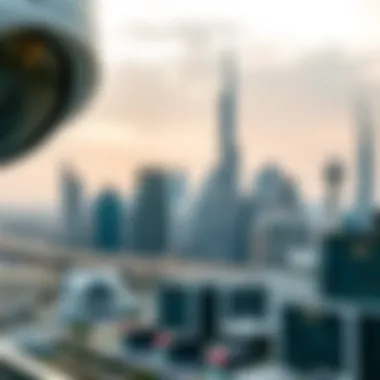 Dubai Skyline with Security Features A skyline view of Dubai showcasing modern architecture and security features